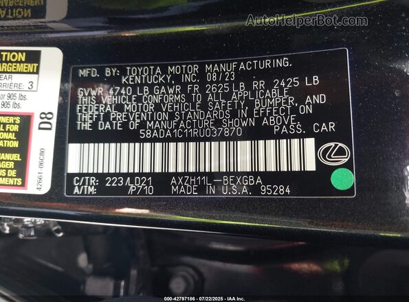 58ADA1C11RU037870 2024 LEXUS ES Black ძრავის განყოფილების ხედი