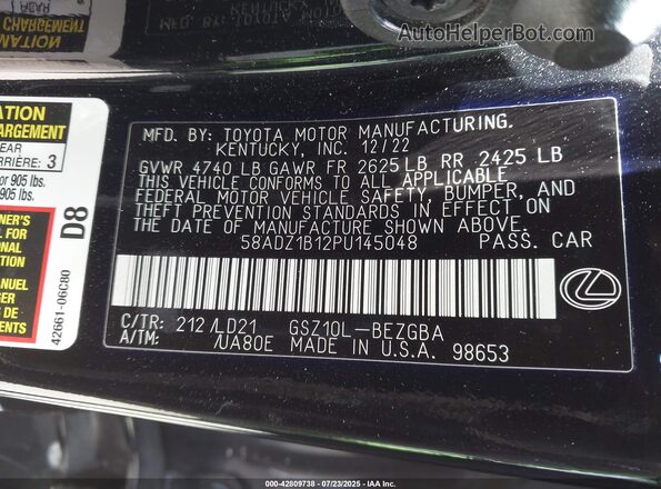 58ADZ1B12PU145048 2023 LEXUS ES Black ძრავის განყოფილების ხედი