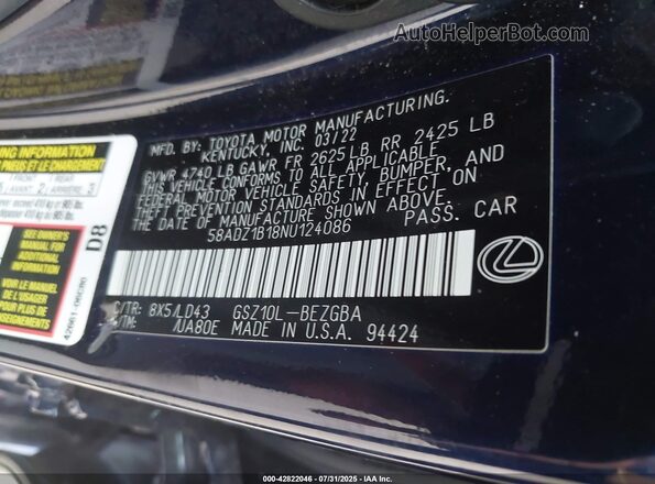 58ADZ1B18NU124086 2022 LEXUS ES 350 Синий Вид подкапотного пространства