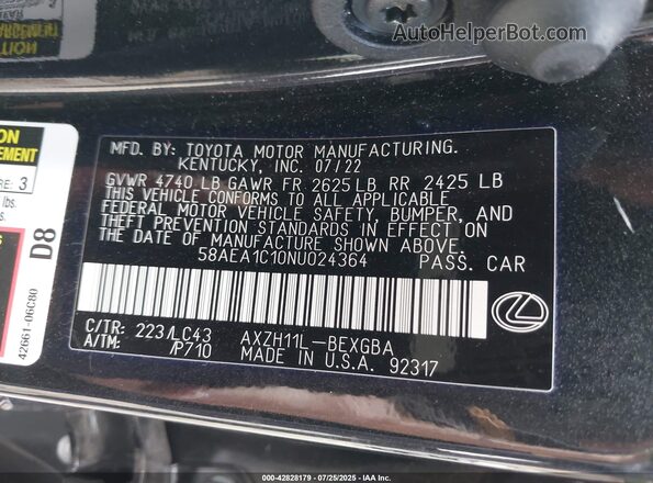 58AEA1C10NU024364 2022 LEXUS ES 300H Black 