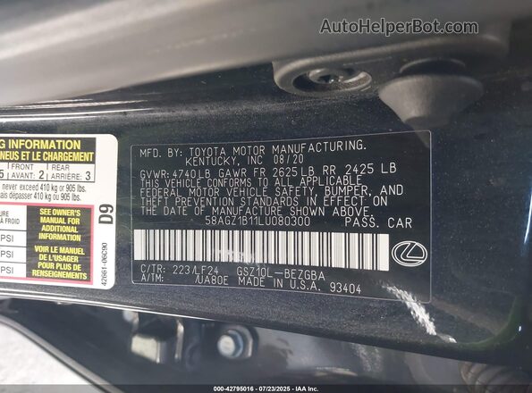 58AGZ1B11LU080300 2020 LEXUS ES 350 Black Vista del compartimento del motor