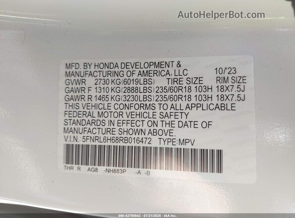 5FNRL6H68RB016472 2024 HONDA ODYSSEY White Շարժիչի բաժամունքի տեսք