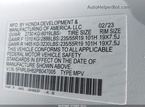 5FNRL6H82PB047005 2023 HONDA ODYSSEY White Vista del compartimento del motor