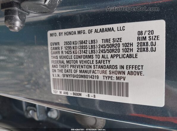 5FNYF6H20MB014319 2021 HONDA PILOT Blue Engine compartment view