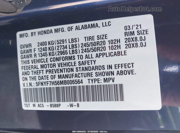 5FNYF7H56MB006564 2021 HONDA PASSPORT Blue Vista del compartimento del motor