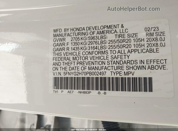 5FNYG2H70PB002497 2023 HONDA PILOT Белый 