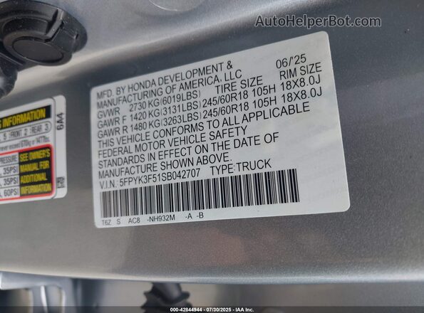 5FPYK3F51SB042707 2025 HONDA RIDGELINE Gray Вид підкапотного простору