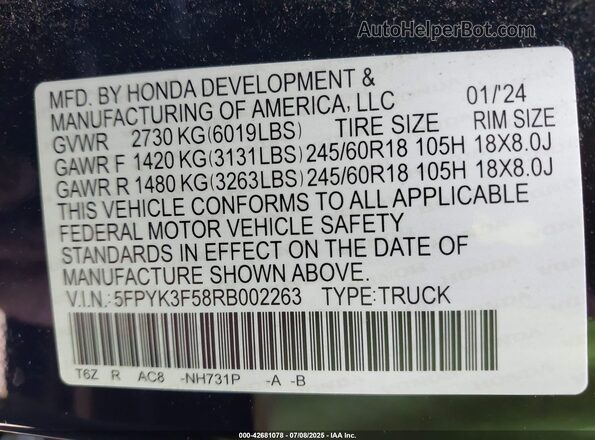 5FPYK3F58RB002263 2024 HONDA RIDGELINE Black Widok komory silnika