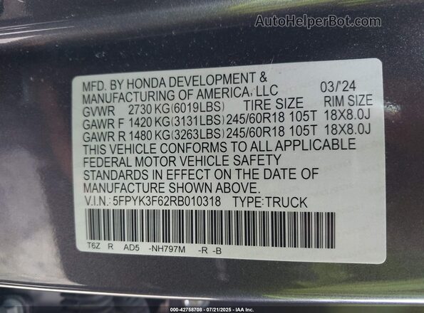 5FPYK3F62RB010318 2024 HONDA RIDGELINE Серый Вид подкапотного пространства