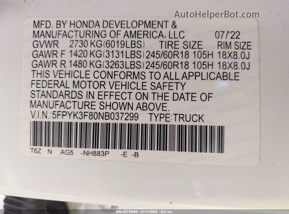 5FPYK3F80NB037299 2022 HONDA RIDGELINE White 