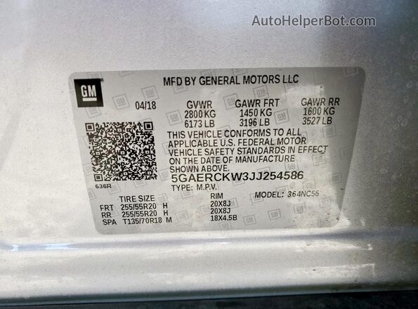 5GAERCKW3JJ254586 2018 BUICK ENCLAVE Серебряный 