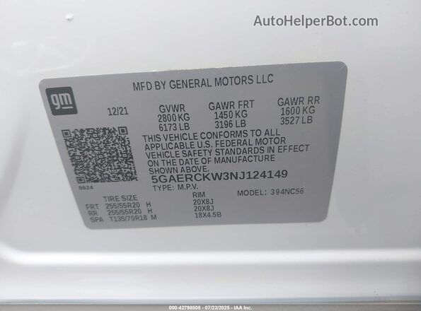 5GAERCKW3NJ124149 2022 BUICK ENCLAVE White Vista del compartimento del motor