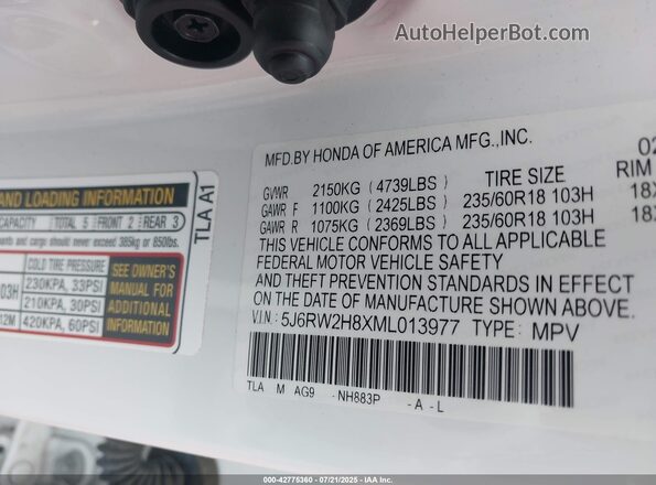 5J6RW2H8XML013977 2021 HONDA CR-V White Engine compartment view