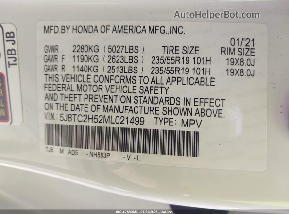 5J8TC2H52ML021499 2021 ACURA RDX White ძრავის განყოფილების ხედი