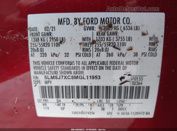 5LM5J7XC8MGL11953 2021 LINCOLN AVIATOR Red 