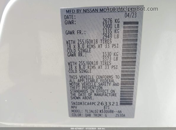 5N1DR3CA4PC263321 2023 NISSAN PATHFINDER White Շարժիչի բաժամունքի տեսք