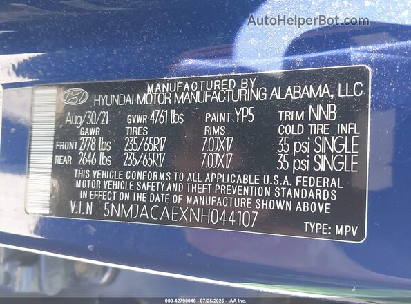 5NMJACAEXNH044107 2022 HYUNDAI TUCSON Blue Widok komory silnika