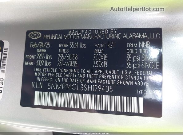 5NMP14GL3SH129405 2025 HYUNDAI SANTA FE Silver Widok komory silnika