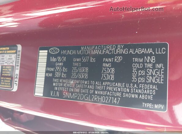 5NMP2DGL2RH027147 2024 HYUNDAI SANTA FE Red Вид підкапотного простору