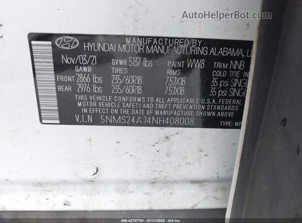 5NMS24AJ4NH408008 2022 HYUNDAI SANTA FE White Вид підкапотного простору