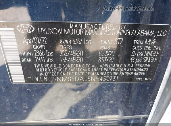 5NMS5DAL5NH450731 2022 HYUNDAI SANTA FE CALLIGRAPHY Blue Vista del compartimento del motor