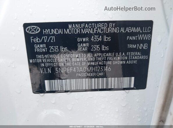 5NPEF4JA0MH123146 2021 HYUNDAI SONATA White Շարժիչի բաժամունքի տեսք
