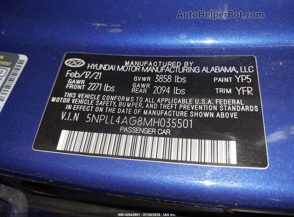 5NPLL4AG8MH035501 2021 HYUNDAI ELANTRA Blue Engine compartment view
