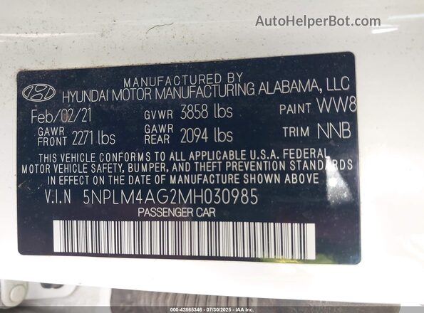 5NPLM4AG2MH030985 2021 HYUNDAI ELANTRA White Engine compartment view