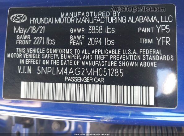5NPLM4AG2MH051285 2021 HYUNDAI ELANTRA Blue Widok komory silnika