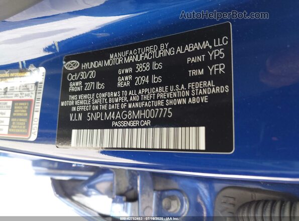 5NPLM4AG8MH007775 2021 HYUNDAI ELANTRA Blue 