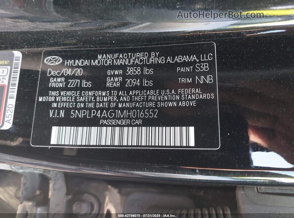 5NPLP4AG1MH016552 2021 HYUNDAI ELANTRA Black Engine compartment view