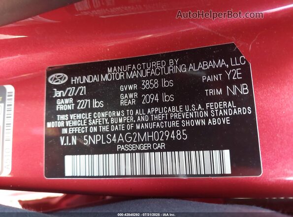 5NPLS4AG2MH029485 2021 HYUNDAI ELANTRA Red Vista del compartimento del motor