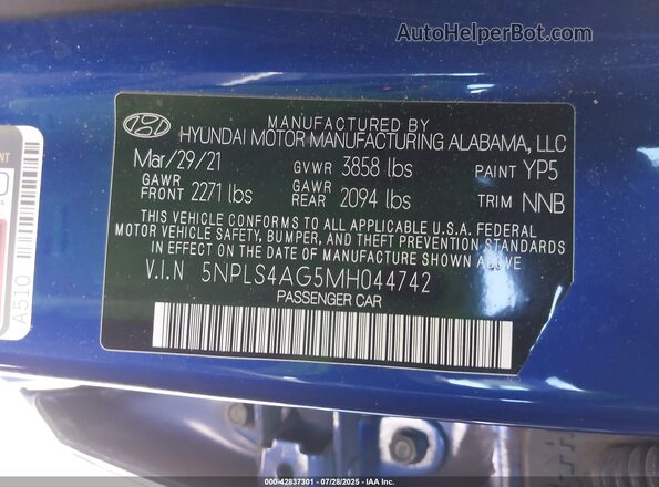 5NPLS4AG5MH044742 2021 HYUNDAI ELANTRA Dark Blue Widok komory silnika