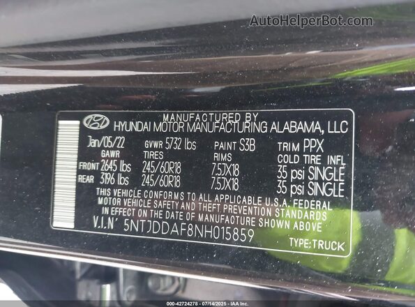 5NTJDDAF8NH015859 2022 HYUNDAI SANTA CRUZ Black ძრავის განყოფილების ხედი