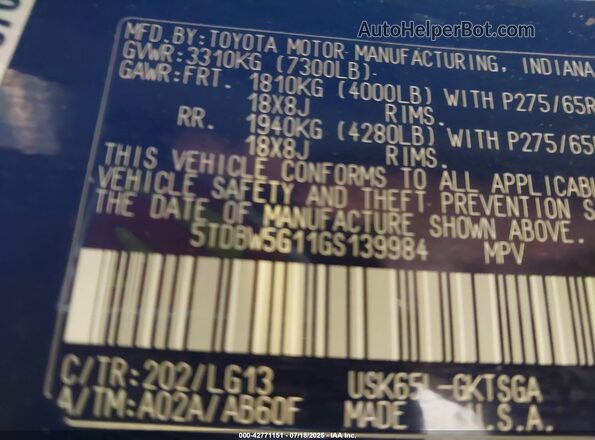 5TDBW5G11GS139984 2016 TOYOTA SEQUOIA Black Vista del compartimento del motor