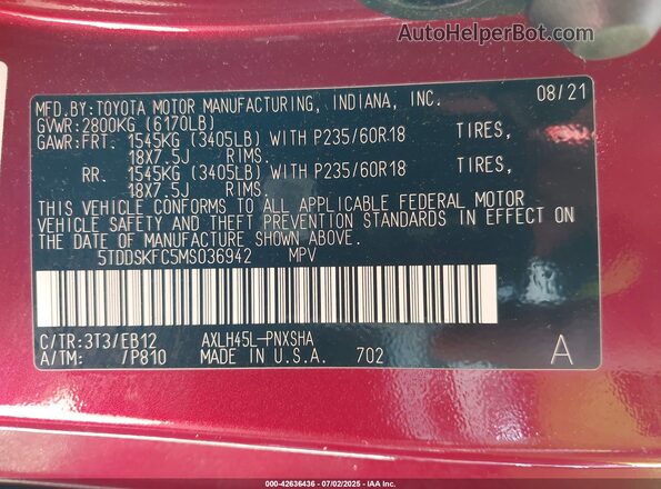 5TDDSKFC5MS036942 2021 TOYOTA SIENNA Красный Вид подкапотного пространства