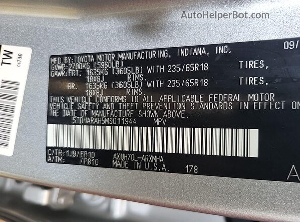 5TDHARAH5MS011944 2021 TOYOTA LE  