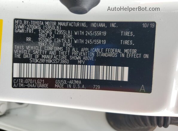 5TDKZRFH8KS573860 2019 TOYOTA HIGHLANDER White Vista interior de 360 grados
