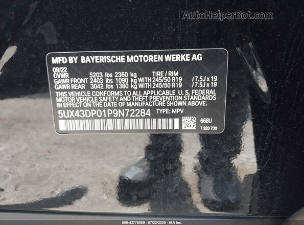 5UX43DP01P9N72284 2023 BMW X3 Black 