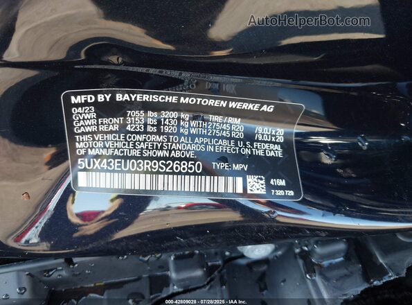 5UX43EU03R9S26850 2024 BMW X5 Black Engine compartment view
