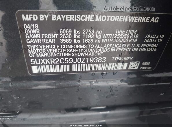 5UXKR2C59J0Z19383 2018 BMW X5 Gray 