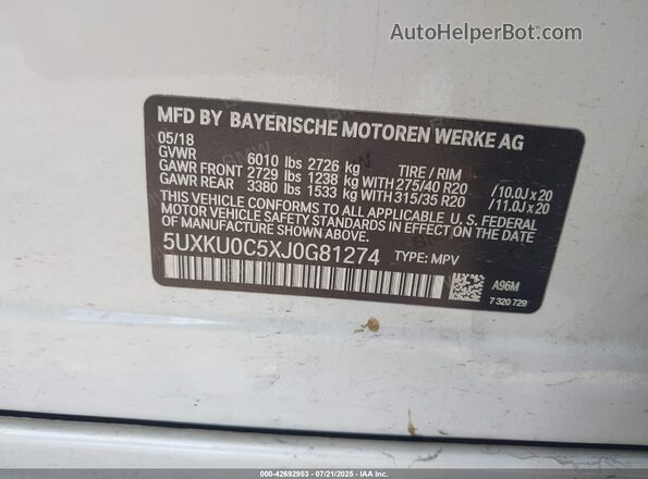 5UXKU0C5XJ0G81274 2018 BMW X6 White 