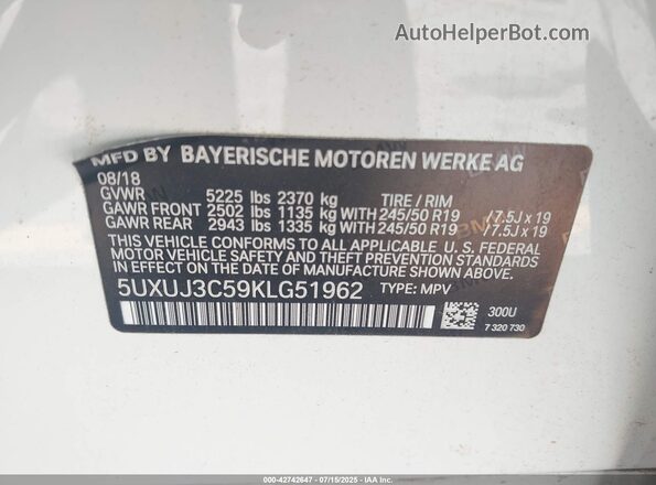 5UXUJ3C59KLG51962 2019 BMW X4 White Vista del compartimento del motor