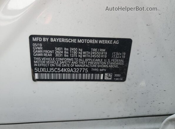 5UXUJ5C54K9A32775 2019 BMW X4 White 