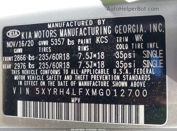 5XYRH4LFXMG012700 2021 KIA SORENTO Silver Vista del compartimento del motor