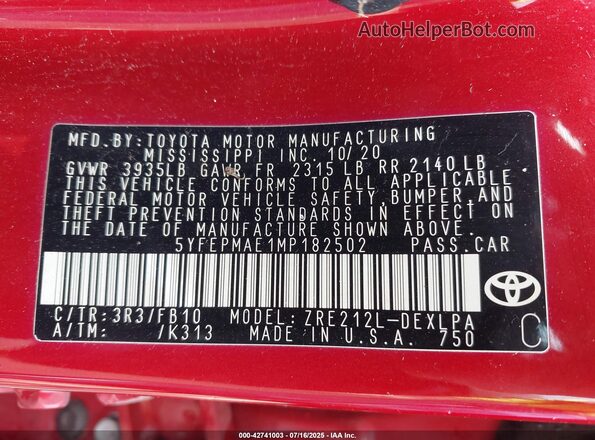 5YFEPMAE1MP182502 2021 TOYOTA LL Red ძრავის განყოფილების ხედი