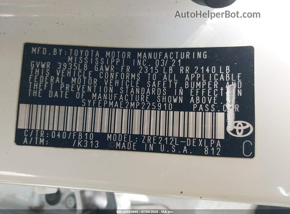 5YFEPMAE2MP225910 2021 TOYOTA LL White 