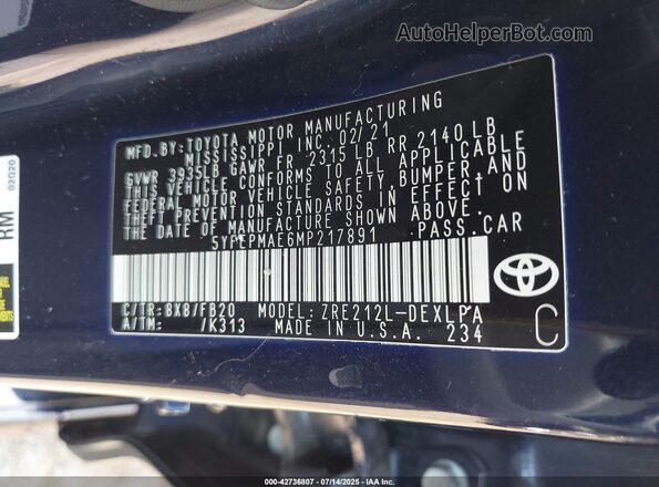 5YFEPMAE6MP217891 2021 TOYOTA LL Blue Vista del compartimento del motor