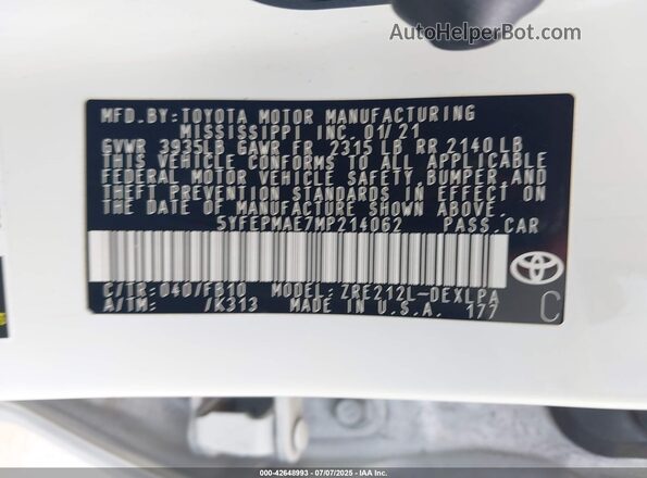 5YFEPMAE7MP214062 2021 TOYOTA LL White Widok komory silnika