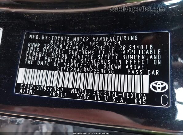 5YFEPMAE8MP259656 2021 TOYOTA LL Black ძრავის განყოფილების ხედი